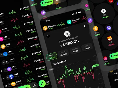 Dark crypto portfolio tracker interface showing market cap statistics and price changes